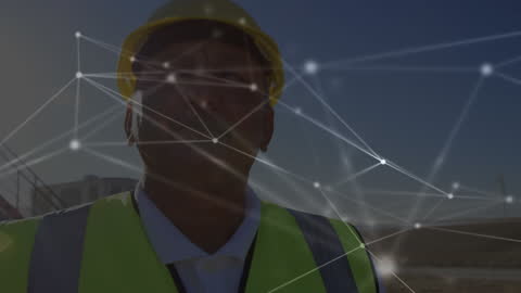 Construction Worker with Digital Network Overlay Concept