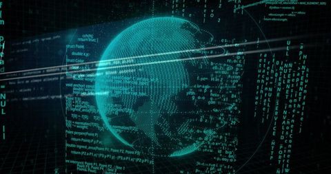 Floating holographic globe rotating in 3D data grid with code overlays, orbital rings, HUD