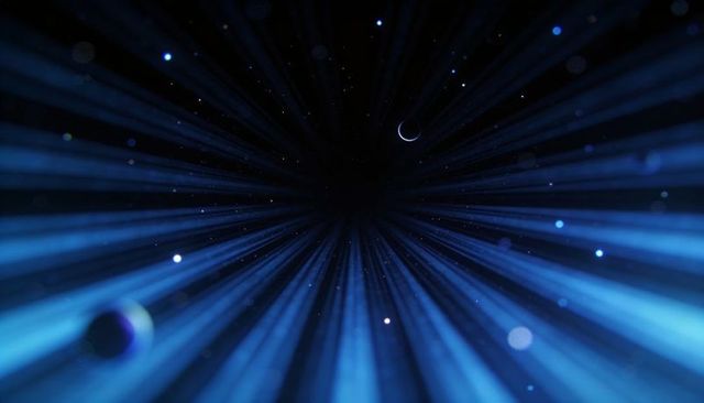Glowing blue warp tunnel converging into central void with crescent planets and star bokeh