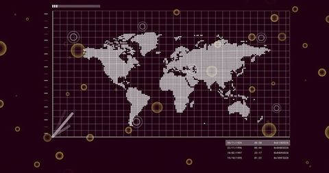 Displaying futuristic dotted world map on gridded maroon dashboard with data markers