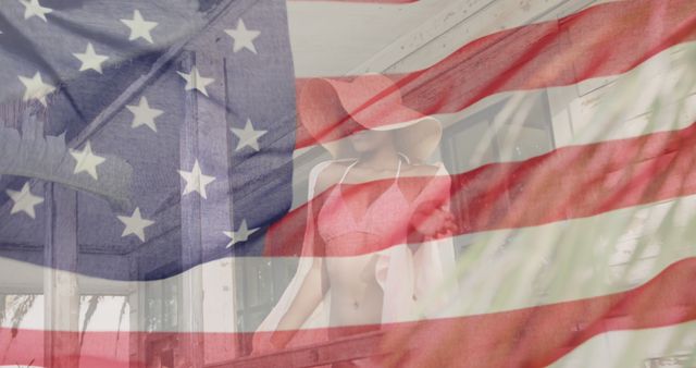 Image of waving flag of america over african american woman relaxing outside beach house - Download Free Stock Photos Pikwizard.com