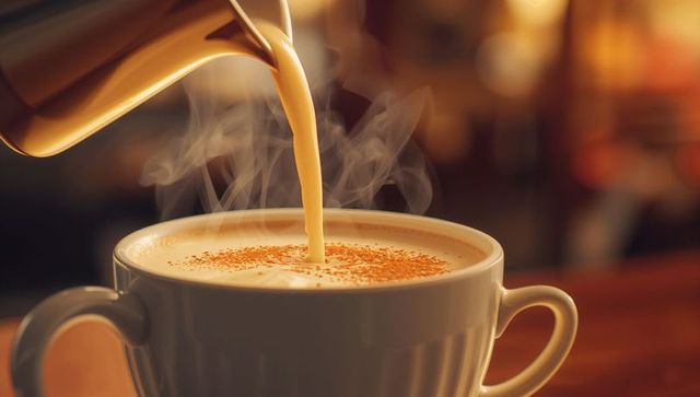 Barista pouring steamed milk into artisan coffee mug with cinnamon
