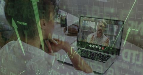 Remote meeting with business analytics concept overlay