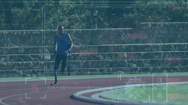 This dynamic scene captures an adaptive athlete running on a track with a high-tech digital interface overlay featuring global data, performance metrics, and analysis graphs. Ideal for themes related to adaptive sports, technological innovation in athletics, inclusivity, and data-driven fitness insights. Use in articles, websites, or presentations discussing advancements in sports technology and motivation for athletes overcoming challenges.