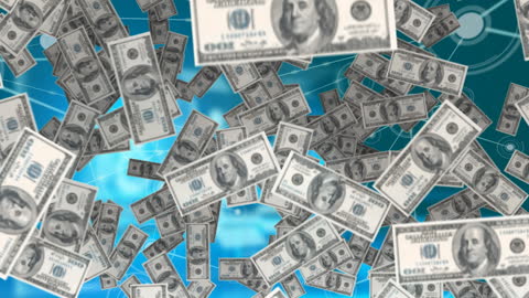 Hundred Dollar Bills Falling Over Digital Network Background
