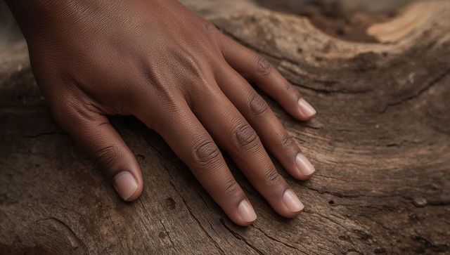 Resting dark-skinned hand pressing on weathered wood with natural nails and wood texture