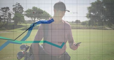 Golfer analyzing smartphone data on fairway with graph overlay