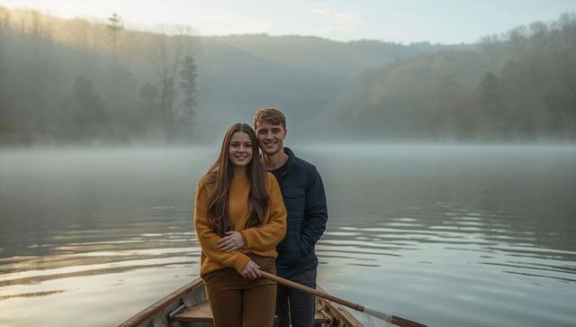 Couple standing in rowboat on misty lake at dawn wearing mustard sweater holding oar
