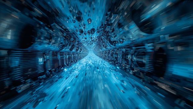 Rushing futuristic blue data tunnel pulling viewer through cylindrical neon corridor