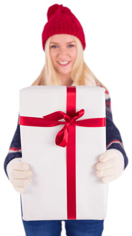festive woman giving large gift box with red bow, transparent background - Download Free Stock Videos Pikwizard.com