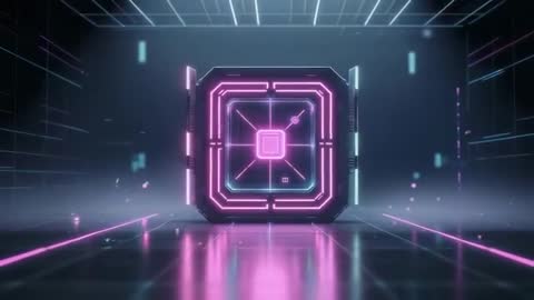 Futuristic Neon Cube in Digital Chamber with Pulsing Circuits