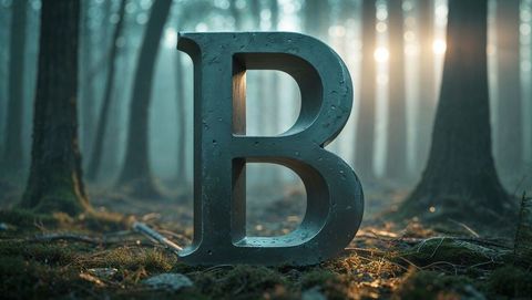 Oversized 3d letter b on mossy forest floor
