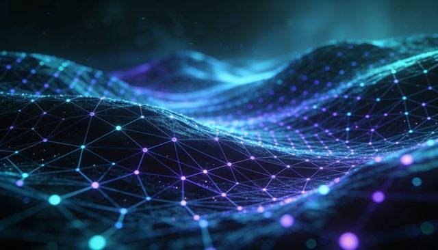 Flowing neon mesh network undulating across dark void with glowing nodes and digital topology