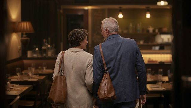 Senior couple walking into cozy restaurant carrying leather bags under warm lighting