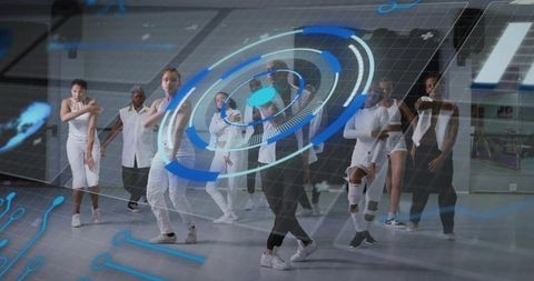 Futuristic dance troupe rehearsing with holographic hud overlay in modern studio