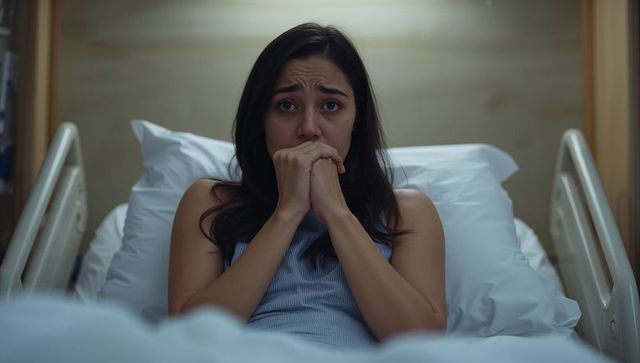Worried woman clasping hands over mouth while lying in hospital bed with rails