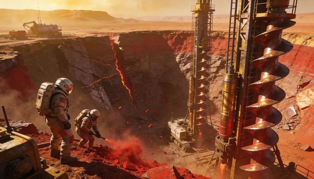 Astronauts surveying crater rim on red planet with massive drilling rigs and augers
