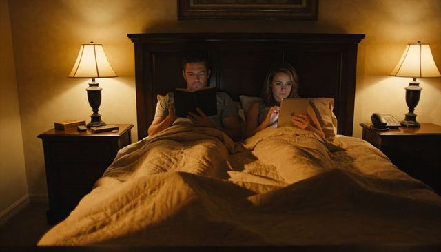 Couple Reading and Browsing Tablets in Cozy Master Bedroom Under Warm Bedside Lamps