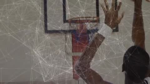 Basketball Player Shooting with Futuristic Network Overlay