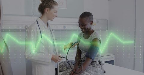Doctor Checking Blood Pressure with Digital Overlay