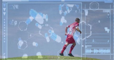 Soccer player amidst tech interface illustrating performance data
