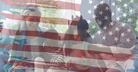 African American Family Celebrating Together with American Flag Overlay