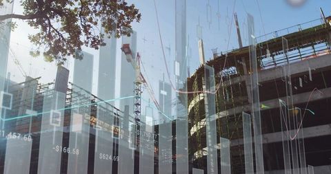 Construction Site with Tech Data Overlays Illustrating Innovation