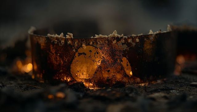 Glowing embers in rustic fire pit at night