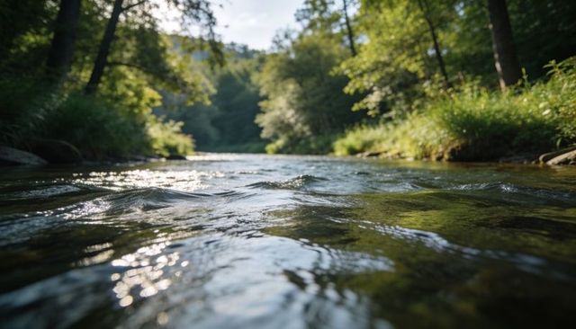 Sparkling shallow creek flowing over submerged stones, grassy banks under leafy canopy