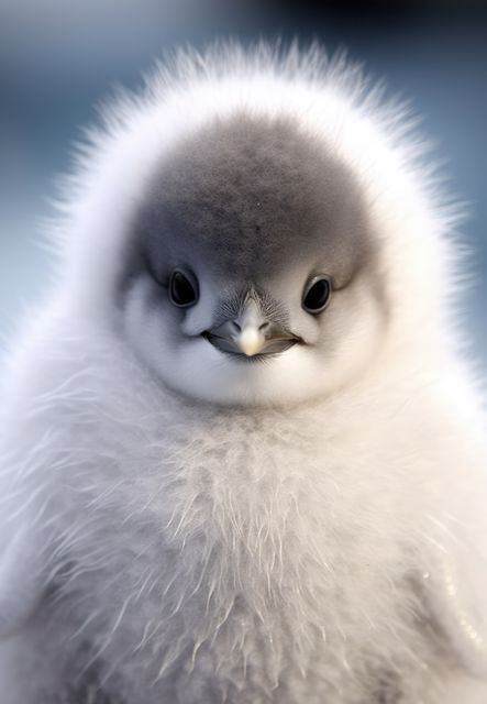 Adorable baby penguin chick with soft, fluffy feathers. The detailed close-up captures the chick's innocence and endearing expression. Ideal for nature and wildlife themes. Suitable for use in educational materials, animal conservation awareness campaigns, children's books, and greeting cards.