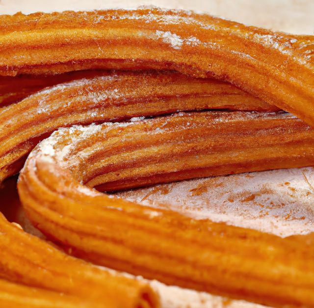 Close-up view of hot churros covered with sugar and cinnamon. Perfect for use in culinary blogs, dessert menus, food advertisements, and social media posts highlighting sweet treats.