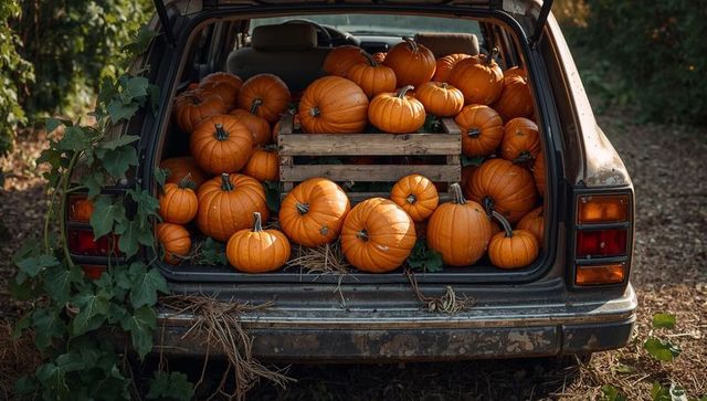 Rusty station wagon trunk overflowing with pumpkins, wooden crate and vines
