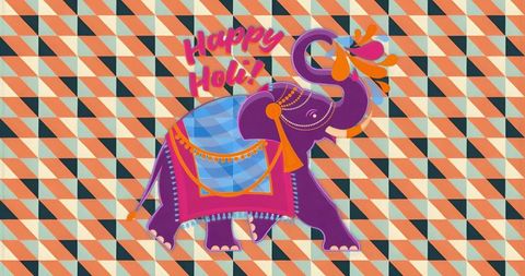 Royal purple elephant spraying holi colors with ornate saddlecloth on geometric pattern