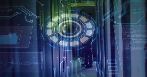 Datacenter technician inspecting server racks with futuristic hud overlay, circuitry