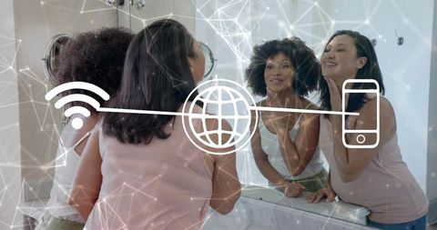 Mother daughter connecting skincare ritual with smart home technology and wifi connectivity