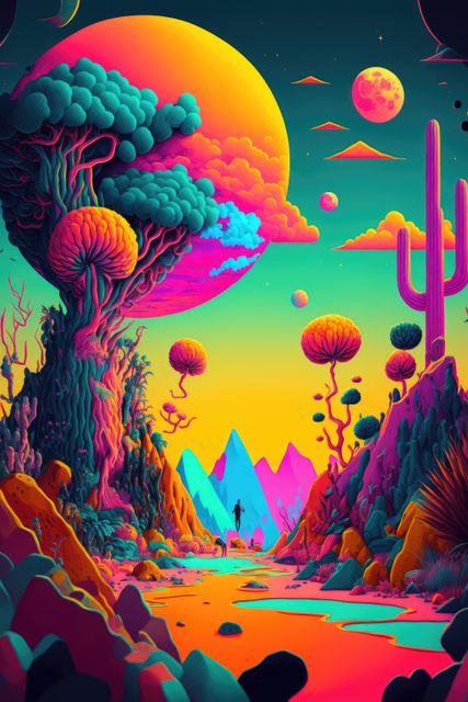 Surreal Landscape with Colorful Alien Flora Under Vibrant Sunset Skyline - Download Free Stock Images Pikwizard.com