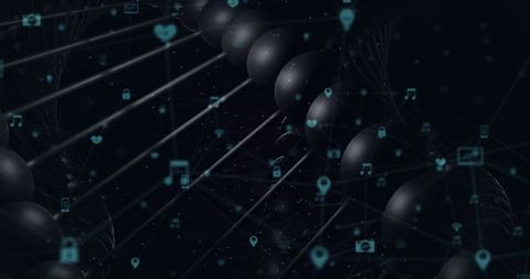 Abstract Digital Network with Technology Icons and Glossy Sphere Chain
