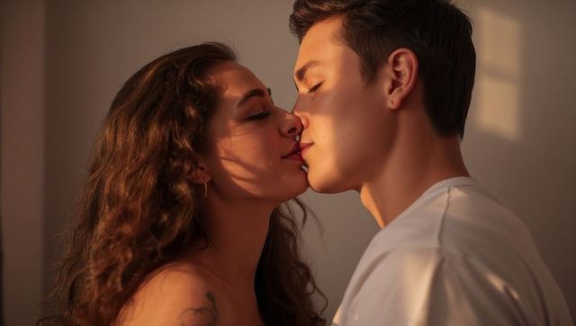 Young couple sharing intimate kiss in warm golden hour window light, closeup romance