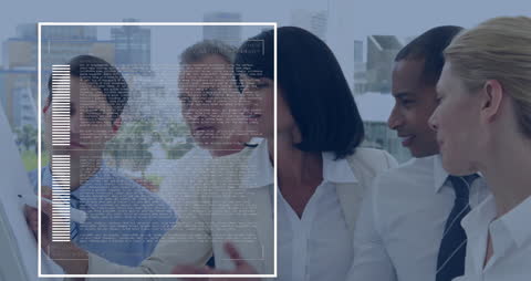 Team Collaborating on Business Strategy with Digital Overlays