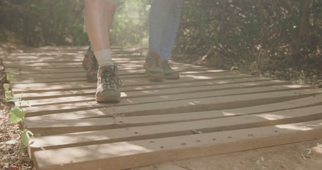 Close-up of hikers walking on a wooden path surrounded by lush greenery in a forest. This image captures the essence of outdoor adventure and can be used in marketing materials for travel agencies, nature reserves, fitness brands, and health campaigns. Ideal for promoting hiking trails, outdoor equipment, and nature exploration.