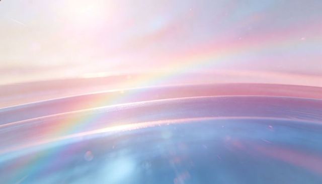 Shimmering iridescent seascape capturing pastel rainbow light on pearlescent curved ridges