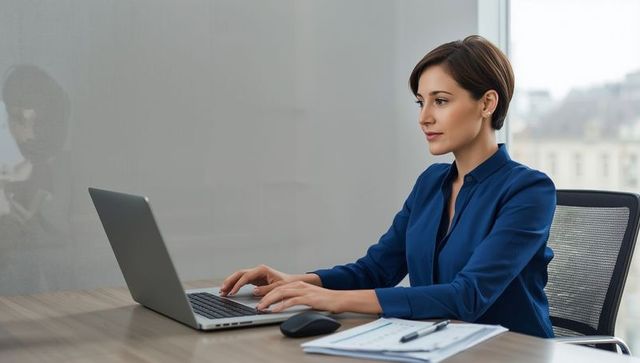 Focused Professional Woman Typing at Modern Office Desk