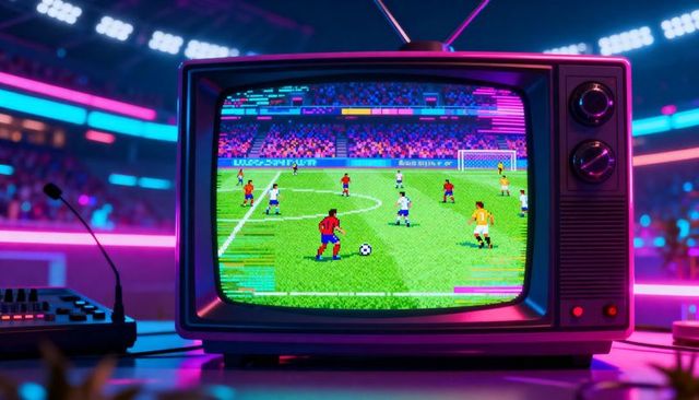 Retro crt tv displaying pixel soccer match in neon arcade broadcast booth