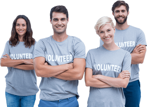 Cheerful caucasian volunteers illustrated on transparent background