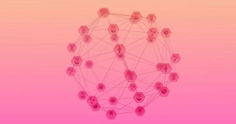 Translucent network sphere with hexagonal lab nodes showing healthcare data connectivity
