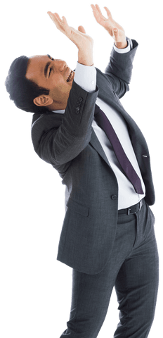 Transparent Businessman Expressing Shock with Arms Raised