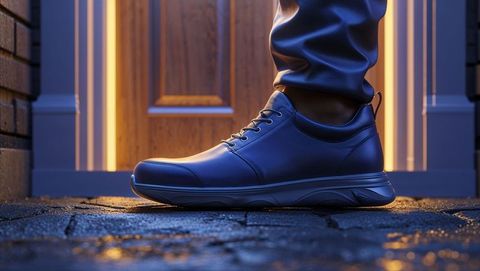 Stylish Leather Sneakers on Cobblestone Porch with LED Lit Background