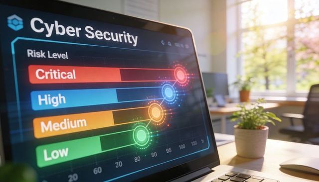 Cybersecurity Risk Dashboard on Laptop Displaying Critical High Medium Low Levels in Sunlit Office