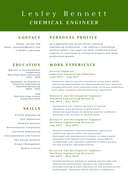 This chemical engineer resume template stands out with its modern green header and well-organized structure, perfect for professionals in the field looking to advance their careers. Tailored for chemical engineers, it includes sections for contact information, a personal profile, education, work experience, and skills. Ideal for job applications, career changes, or enhancing professional portfolios, the template ensures that all key information is clearly presented to potential employers. Easily customizable to suit personal achievements and objectives, making it an essential tool for any job seeker in the chemical engineering industry.