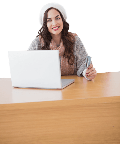 Smiling Woman Shopping Online with Laptop on Transparent Background